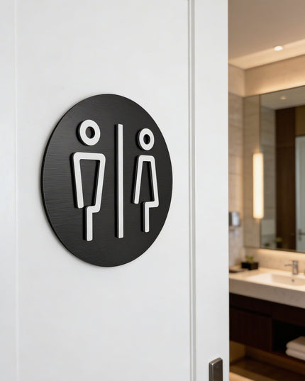 Male and female restroom sign by ALUMADESIGNCO, modern toilet door plaque for hotels, offices, restaurants, and public interior spaces