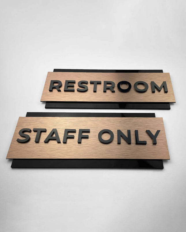 Modern personalized office door sign by ALUMADESIGNCO combining bronze metal panel and acrylic text, stylish signage for offices and interior spaces