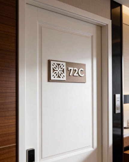 ALUMADESIGNCO wood and white acrylic glass suite number sign with raised numbers, premium signage for hotels, apartments, and office spaces