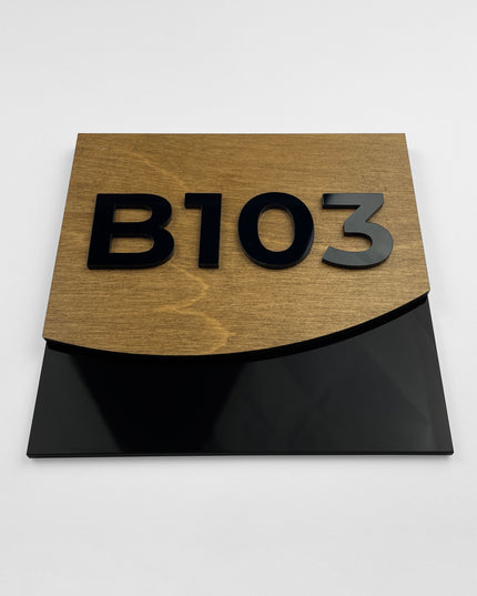 ALUMADESIGNCO Flow acrylic and wood hotel door number sign with raised numbers, premium signage for boutique hotels, apartments, and office spaces