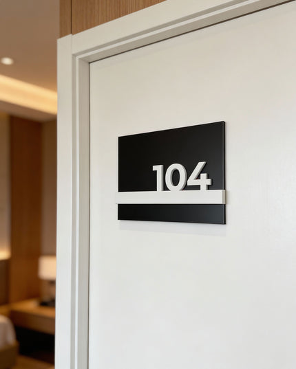 ALUMADESIGNCO modern hotel room door signage with black metal plaque and white acrylic numbers, stylish door number sign for hotels, apartments, Airbnb properties, and offices