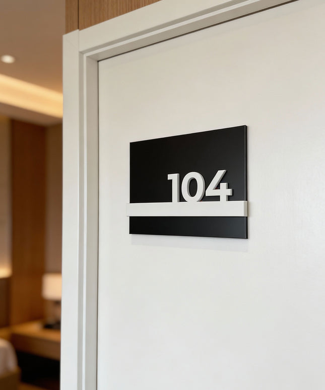 ALUMADESIGNCO modern hotel room door signage with black metal plaque and white acrylic numbers, stylish door number sign for hotels, apartments, Airbnb properties, and offices