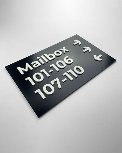 Premium Modern black and white directional wall plaque by ALUMADESIGNCO, stylish wayfinding signage for lobbies, hallways, offices, and hospitality interiors