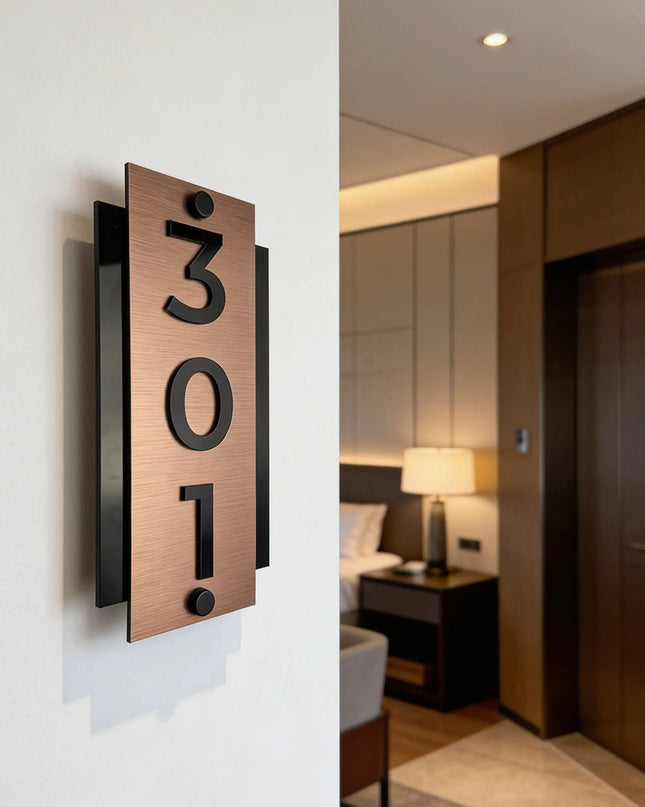 ALUMADESIGNCO vertical brushed bronze standoff hotel room number sign with raised black acrylic numbers, modern door signage for boutique hotels and apartment interiors
