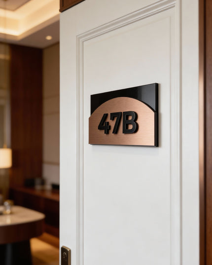 Modern bronze apartment door number sign with layered acrylic design Flow Style by ALUMADESIGNCO, stylish door plaque for condos and contemporary interiors