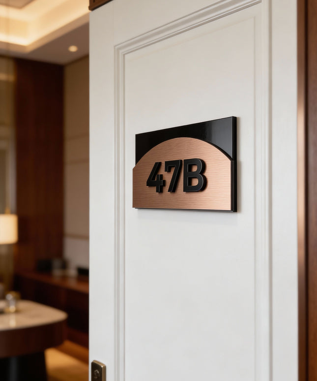 Modern bronze apartment door number sign with layered acrylic design Flow Style by ALUMADESIGNCO, stylish door plaque for condos and contemporary interiors
