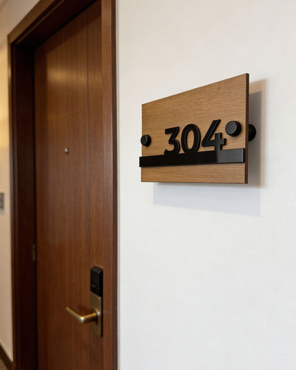 Modern Horizon Design wooden apartment door number plaque by ALUMADESIGNCO with standoff mounting and raised acrylic numbers for residential buildings and hotel rooms