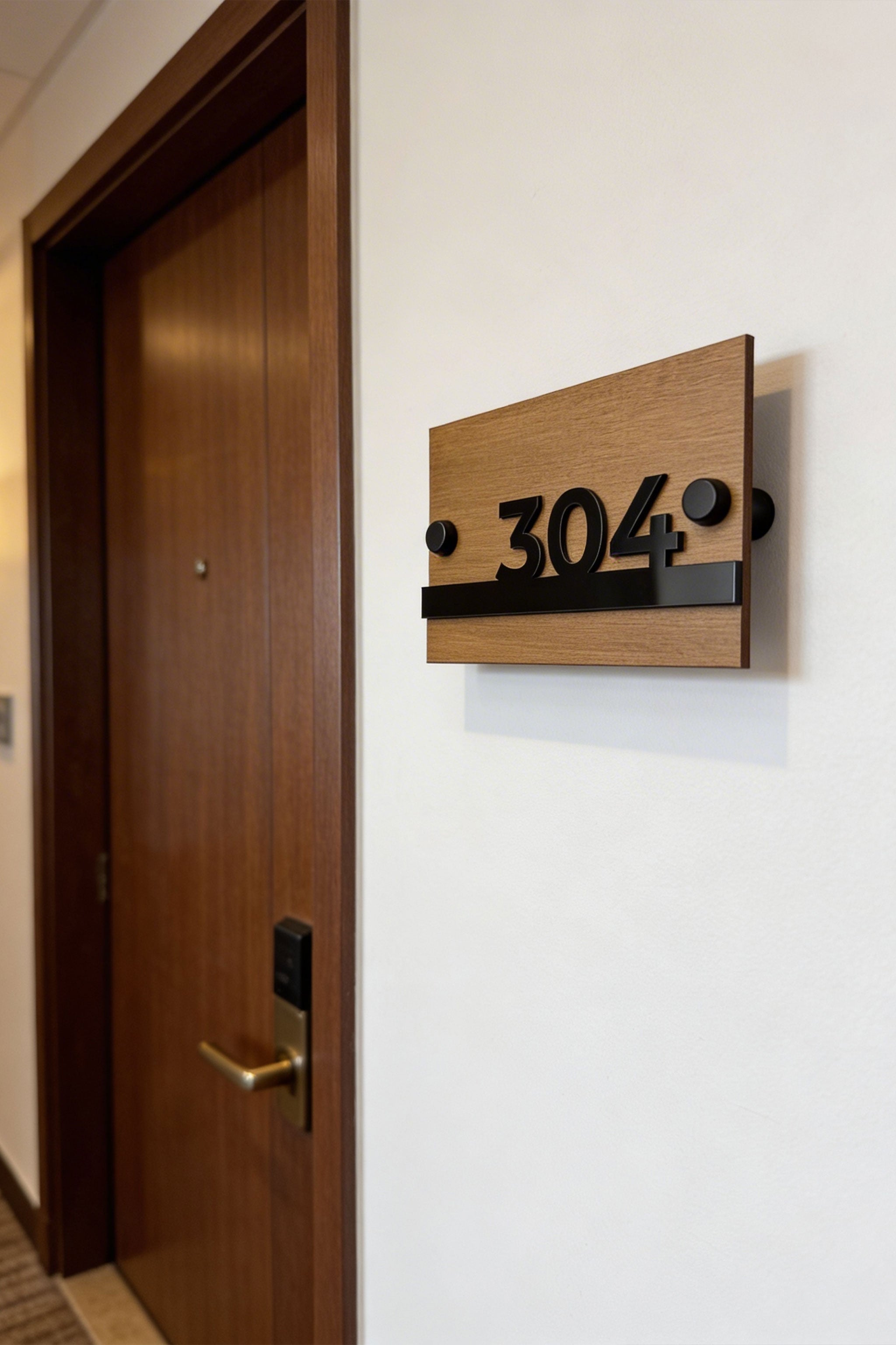 Modern Horizon Design wooden apartment door number plaque by ALUMADESIGNCO with standoff mounting and raised acrylic numbers for residential buildings and hotel rooms