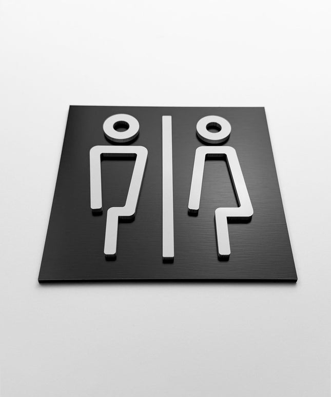 ALUMADESIGNCO female and male toilet door sign with minimalist design, stylish bathroom signage for offices, hospitality spaces, and commercial buildings