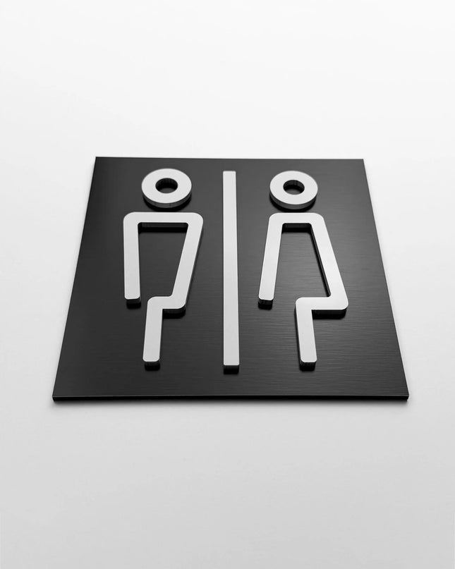 ALUMADESIGNCO female and male toilet door sign with minimalist design, stylish bathroom signage for offices, hospitality spaces, and commercial buildings