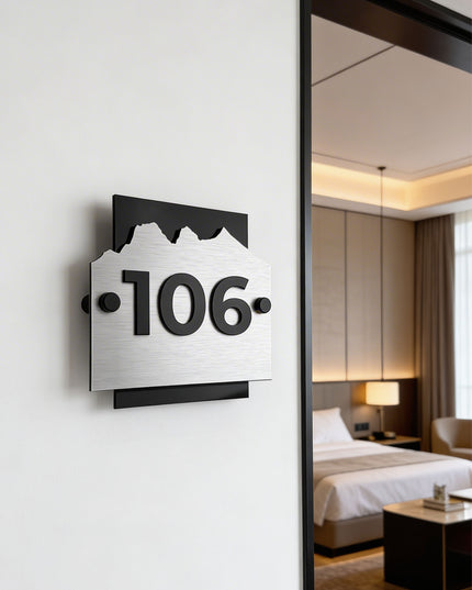 ALUMADESIGNCO modern hotel room standoff wall sign Alpine Design with brushed silver metal base and black acrylic characters, stylish signage for hotel rooms and apartment corridors