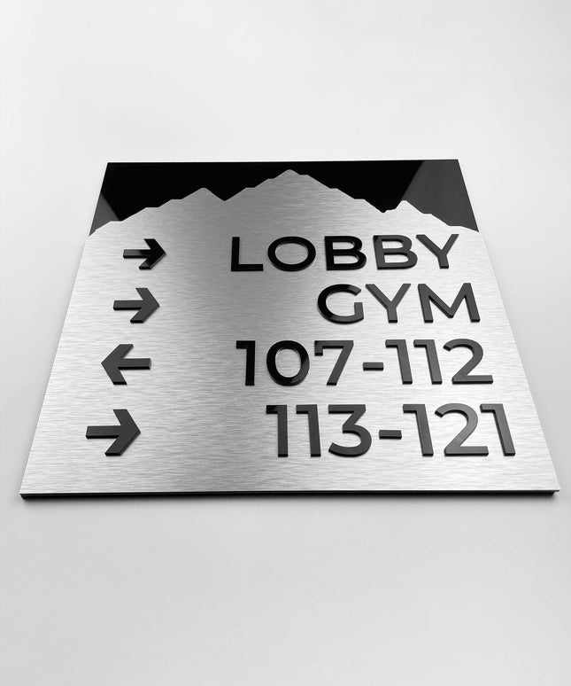 ALUMADESIGNCO Mountain aluminium directional sign with modern minimalist style, premium wayfinding signage for offices, hospitality spaces, apartment buildings, and interiors