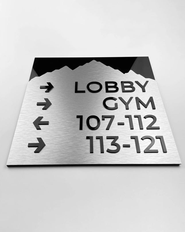 ALUMADESIGNCO Mountain aluminium directional sign with modern minimalist style, premium wayfinding signage for offices, hospitality spaces, apartment buildings, and interiors