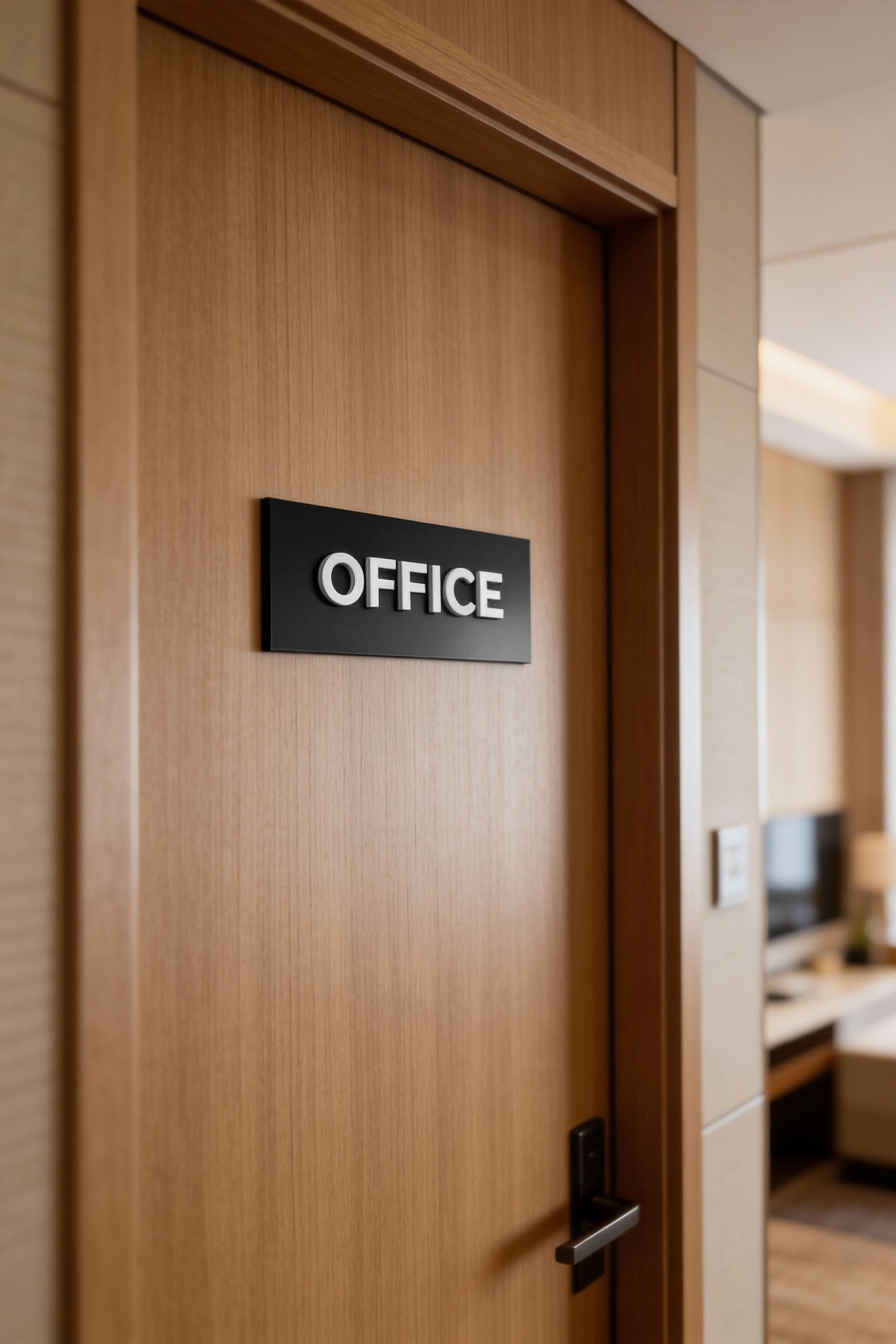 ALUMADESIGNCO black door plaque with white acrylic lettering, premium custom signage for office doors, hotel rooms, meeting rooms, and apartment interiors