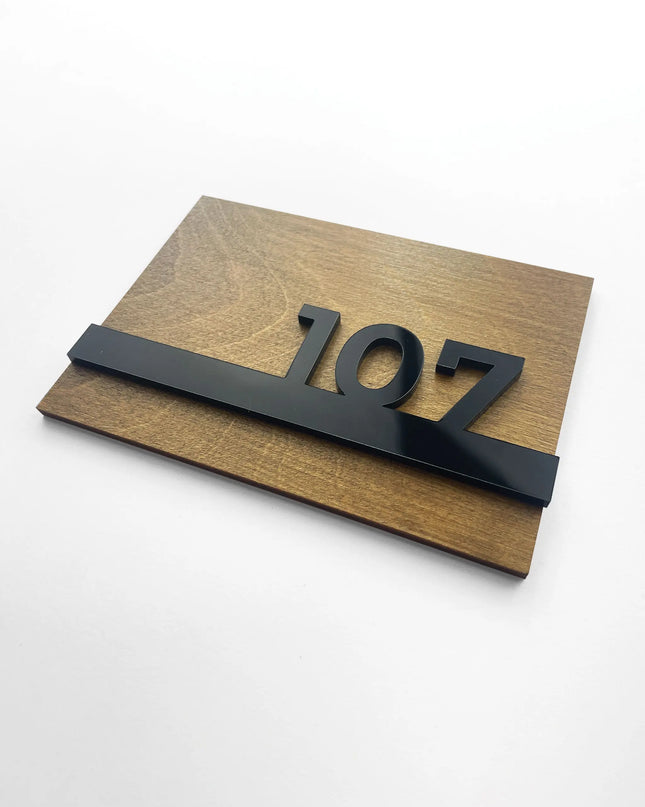 ALUMADESIGNCO Horizon wooden door number plaque with 3D glossy black acrylic numbers, modern apartment signage for Airbnb properties, offices, and hotels