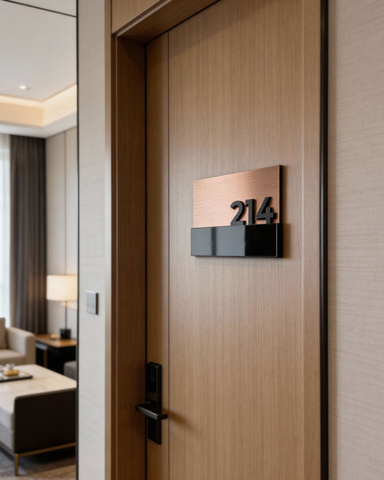 Elegant brushed bronze and acrylic glass suite room number sign by ALUMADESIGNCO, modern door plaque for hotel suites and apartment interiors
