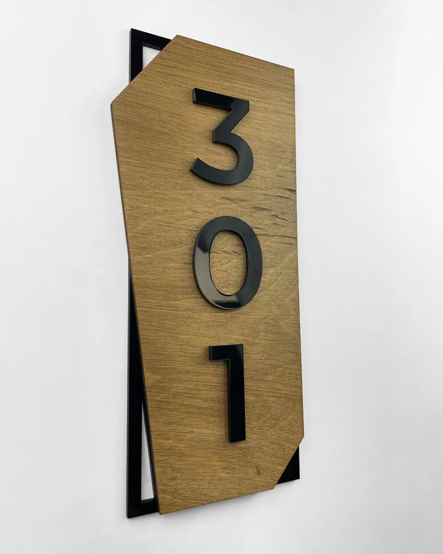 ALUMADESIGNCO vertical wood and acrylic custom room number plaque with minimalist modern design, premium signage for hotels, offices, and residential interiors