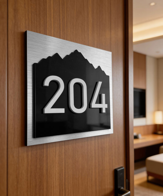 Modern Alpine Design interior room number plaque by ALUMADESIGNCO with 3D acrylic numbers, elegant door signage for hotels and apartment buildings
