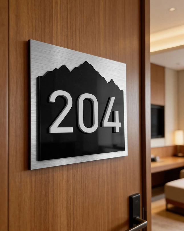 Modern Alpine Design interior room number plaque by ALUMADESIGNCO with 3D acrylic numbers, elegant door signage for hotels and apartment buildings