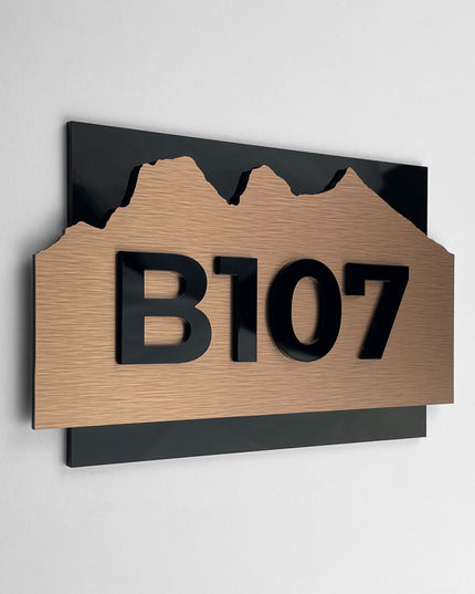 Custom hotel room number sign Alpine Design by ALUMADESIGNCO featuring modern wood and acrylic construction, elegant door plaque for hotel corridors and apartments