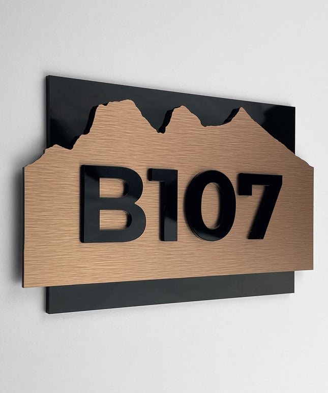 Custom hotel room number sign Alpine Design by ALUMADESIGNCO featuring modern wood and acrylic construction, elegant door plaque for hotel corridors and apartments