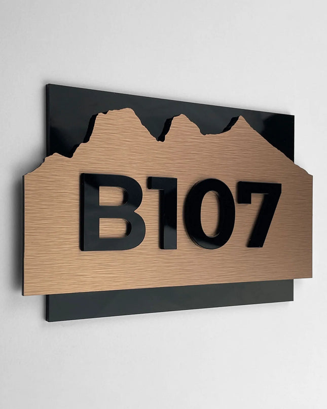 Custom hotel room number sign Alpine Design by ALUMADESIGNCO featuring modern wood and acrylic construction, elegant door plaque for hotel corridors and apartments