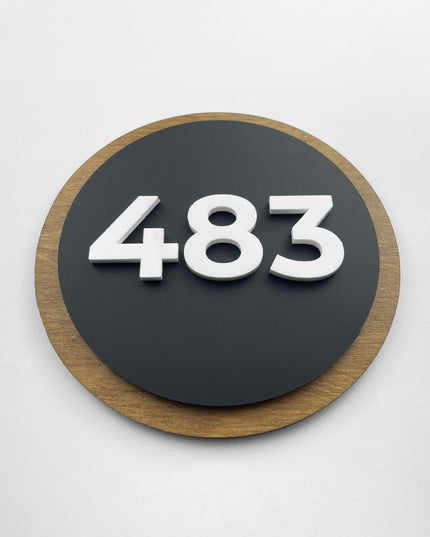 ALUMADESIGNCO Round Design wood and acrylic door number sign with raised black acrylic characters, modern Scandinavian signage for hotels, Airbnb properties, and apartments