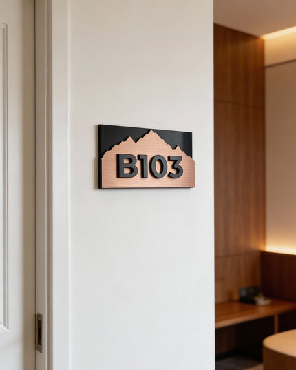 ALUMADESIGNCO Alpine Design custom brushed bronze hotel room number sign with raised acrylic numbers, modern door signage for hotels, apartments, Airbnb properties, and offices