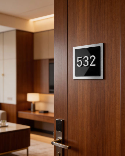 ALUMADESIGNCO 3D layered door number sign with raised numbers, modern signage for apartments, boutique hotels, and office spaces