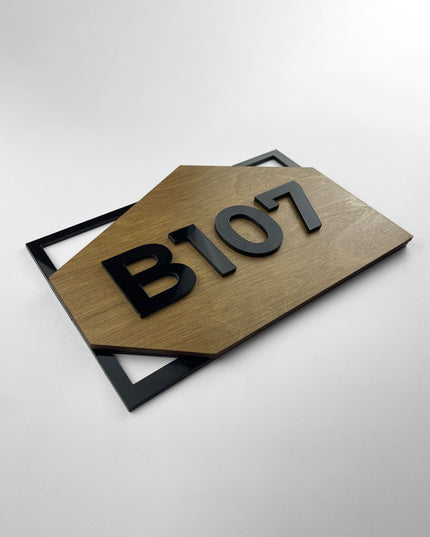 Modern birch wood and acrylic condominium door number sign by ALUMADESIGNCO, premium door plaque for condos, apartments, and contemporary interiors