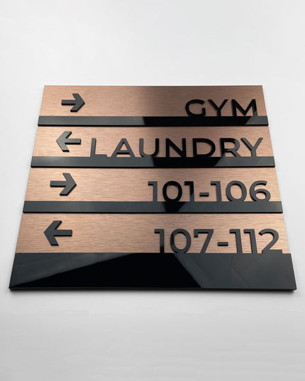 Premium wayfinding wall plaque in Bronze Modern design by ALUMADESIGNCO, stylish directional signage for offices, hotels, corridors, and modern interior spaces