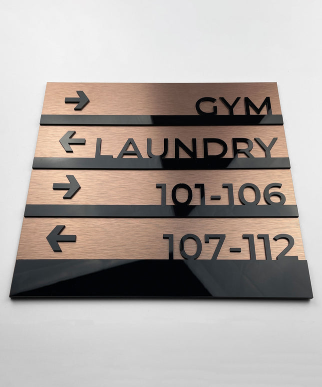 Premium wayfinding wall plaque in Bronze Modern design by ALUMADESIGNCO, stylish directional signage for offices, hotels, corridors, and modern interior spaces