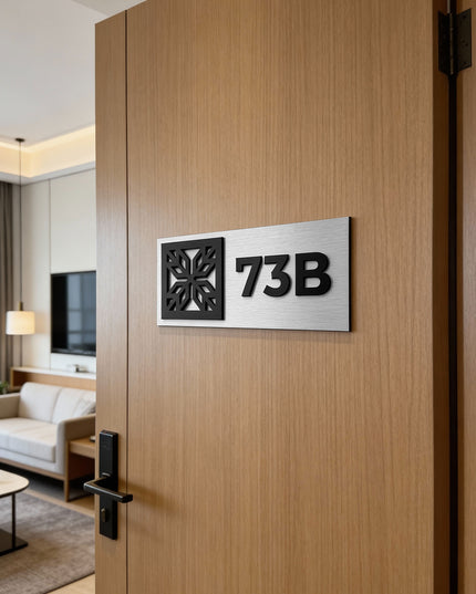 ALUMADESIGNCO modern suite room sign with brushed silver plaque and black acrylic glass numbers, premium door signage for hotel suites, apartments, and office interiors