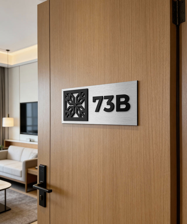 ALUMADESIGNCO modern suite room sign with brushed silver plaque and black acrylic glass numbers, premium door signage for hotel suites, apartments, and office interiors