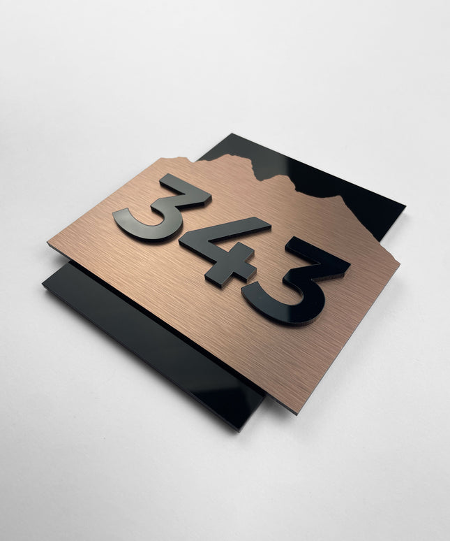 ALUMADESIGNCO Alpine brushed bronze hotel door number plaque with acrylic numbers, modern signage for hotels, Airbnb properties, and residential interiors