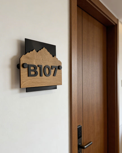 ALUMADESIGNCO Alpine Design standoff wooden hotel room number sign with raised acrylic numbers, premium wall signage for boutique hotels, Airbnb properties, and apartments