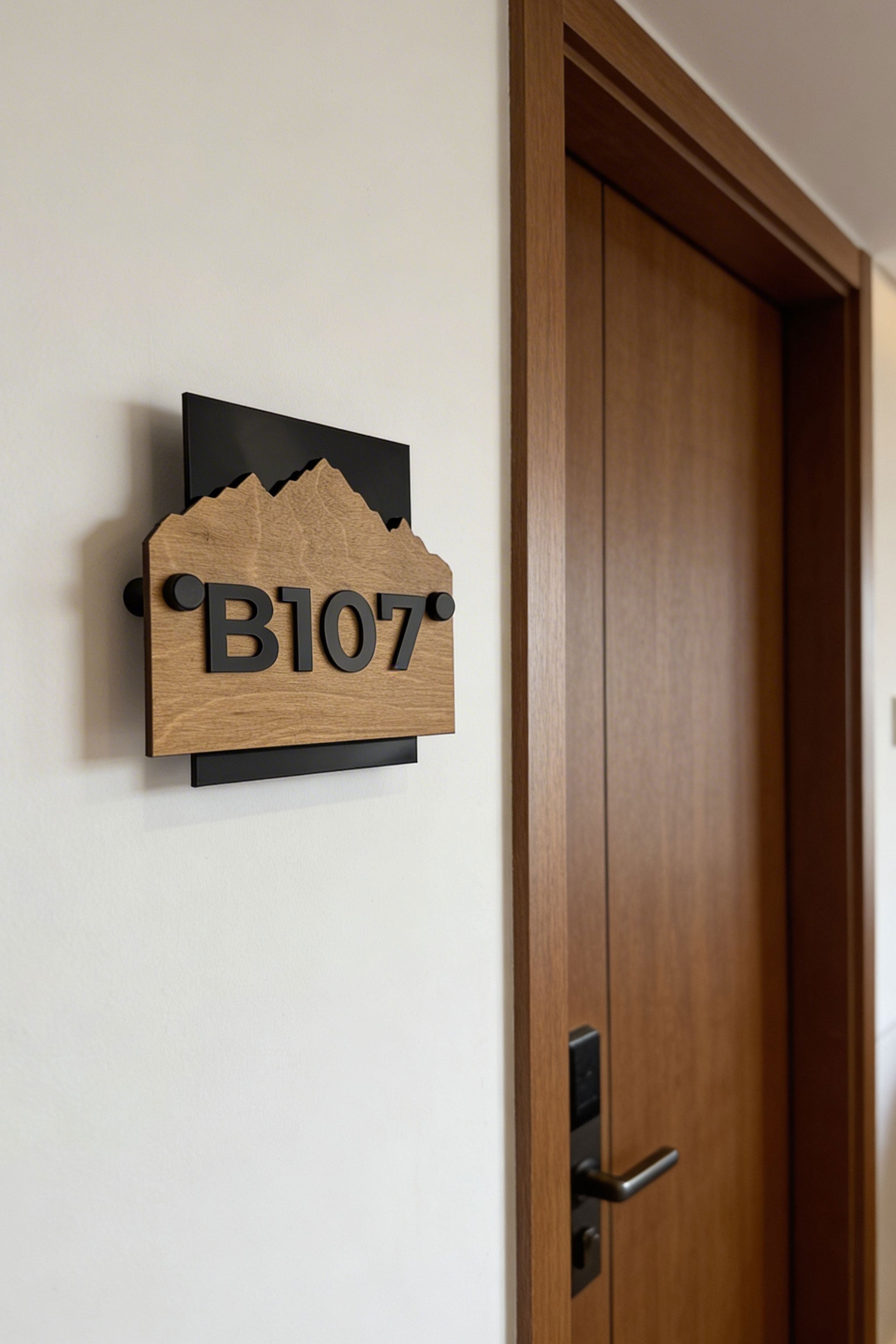 ALUMADESIGNCO Alpine Design standoff wooden hotel room number sign with raised acrylic numbers, premium wall signage for boutique hotels, Airbnb properties, and apartments