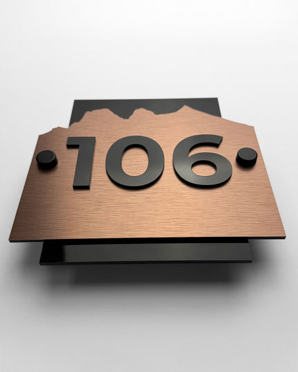 ALUMADESIGNCO Alpine brushed bronze wall number plaque with black acrylic numbers and standoff mounting, premium hotel room and apartment door signage