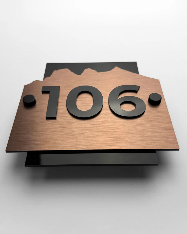 ALUMADESIGNCO Alpine brushed bronze wall number plaque with black acrylic numbers and standoff mounting, premium hotel room and apartment door signage