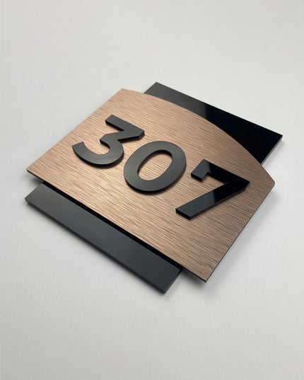 ALUMADESIGNCO bronze and acrylic glass hotel room number plaque with elegant modern style, stylish door signage for hotels, Airbnb properties, and interiors
