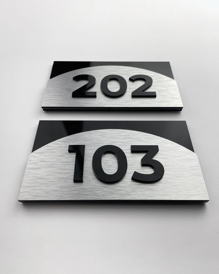 Modern brushed silver and acrylic 3D apartment door number sign Flow Design by ALUMADESIGNCO, stylish plaque for contemporary apartments and condos