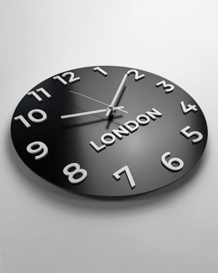 Modern customisable world time zone clock by ALUMADESIGNCO with personalized city name displays, stylish wall décor for offices and hospitality interiors