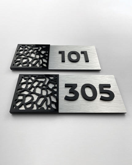 ALUMADESIGNCO Mosaic room number sign with acrylic numbers, modern door signage for hotels, offices, and residential interiors