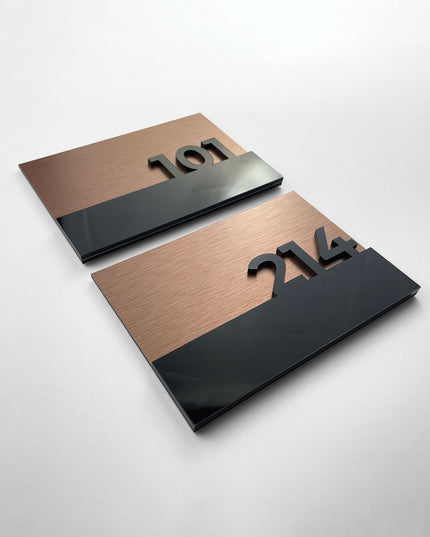 ALUMADESIGNCO brushed bronze suite room number sign with acrylic glass numbers, stylish signage for hotels, Airbnb properties, and residential buildings
