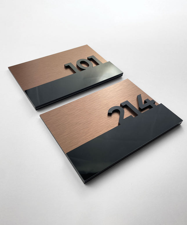 ALUMADESIGNCO brushed bronze suite room number sign with acrylic glass numbers, stylish signage for hotels, Airbnb properties, and residential buildings