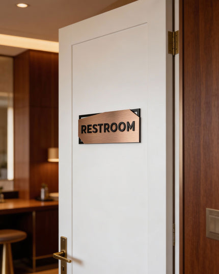 ALUMADESIGNCO 3D layered office door sign in custom bronze and acrylic with raised lettering, premium signage for offices, hotels, apartments, and modern interiors