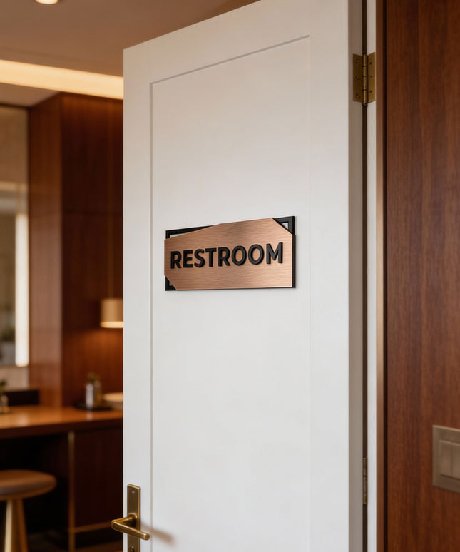 ALUMADESIGNCO 3D layered office door sign in custom bronze and acrylic with raised lettering, premium signage for offices, hotels, apartments, and modern interiors