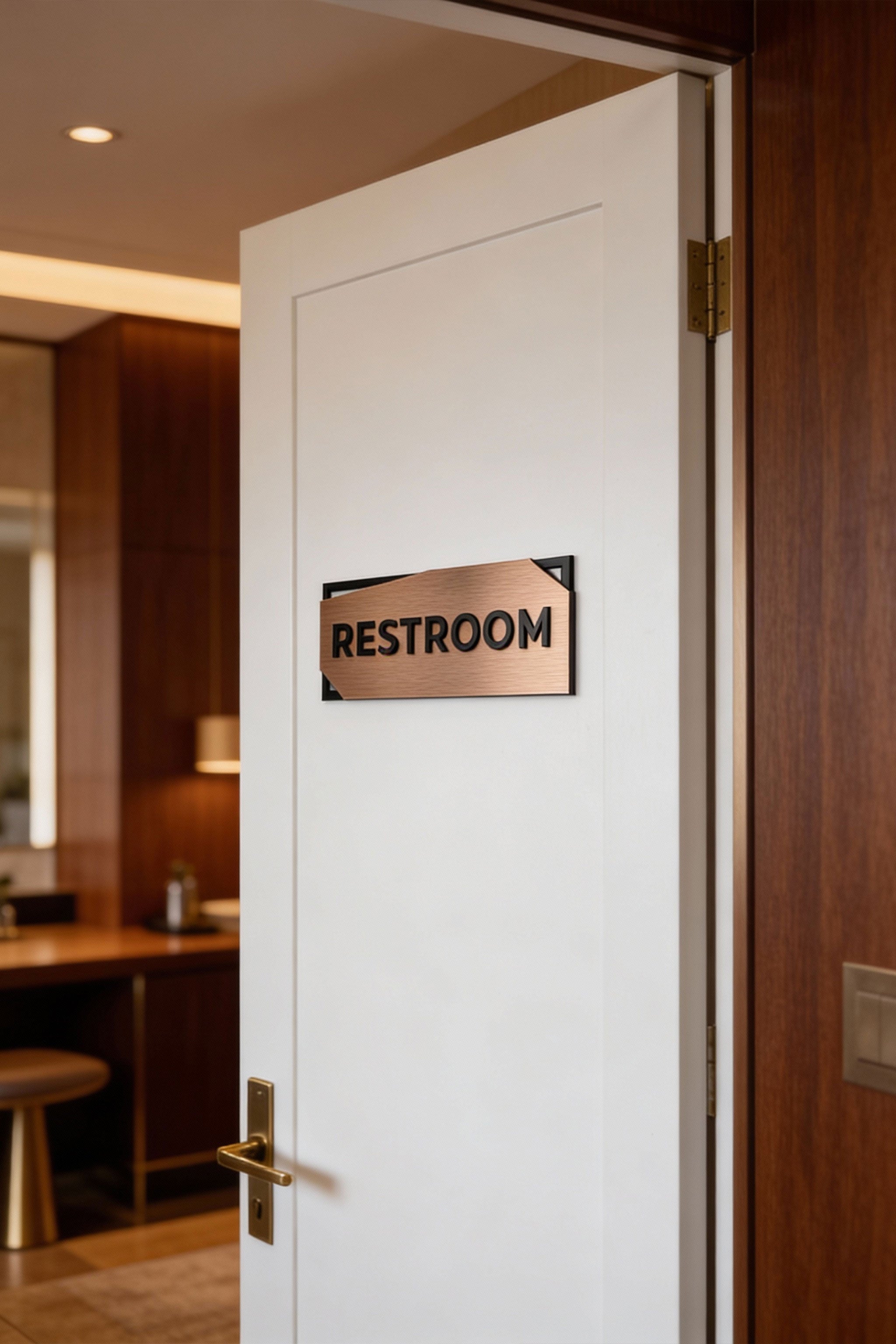 ALUMADESIGNCO 3D layered office door sign in custom bronze and acrylic with raised lettering, premium signage for offices, hotels, apartments, and modern interiors