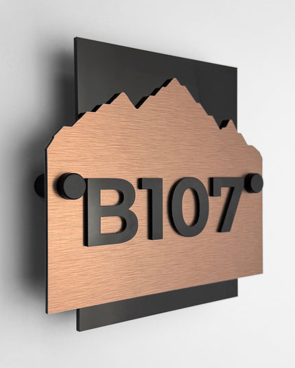 Modern brushed bronze and acrylic standoff wall number sign Alpine Design by ALUMADESIGNCO for hotels, apartments, Airbnb, and office doors