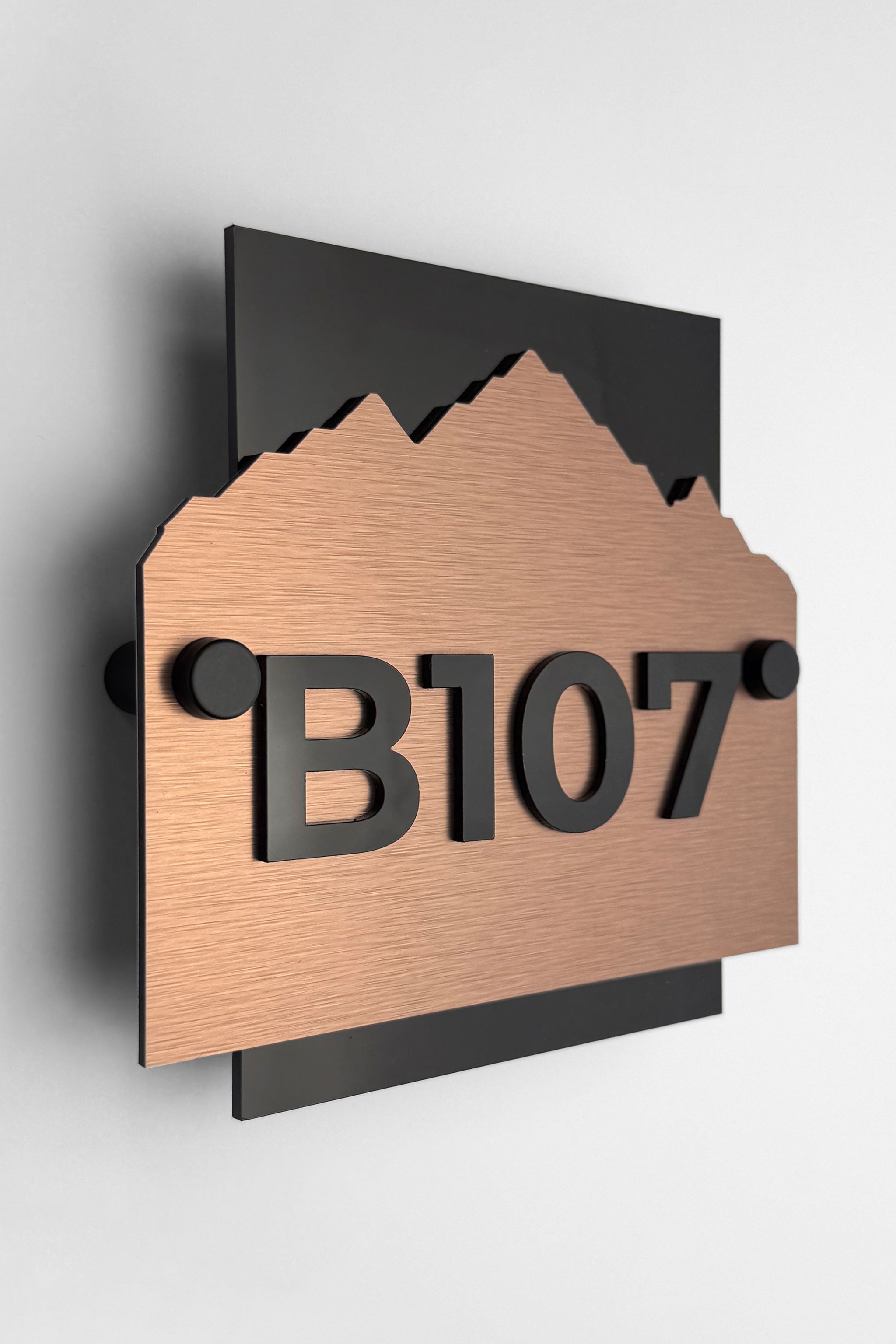 Modern brushed bronze and acrylic standoff wall number sign Alpine Design by ALUMADESIGNCO for hotels, apartments, Airbnb, and office doors